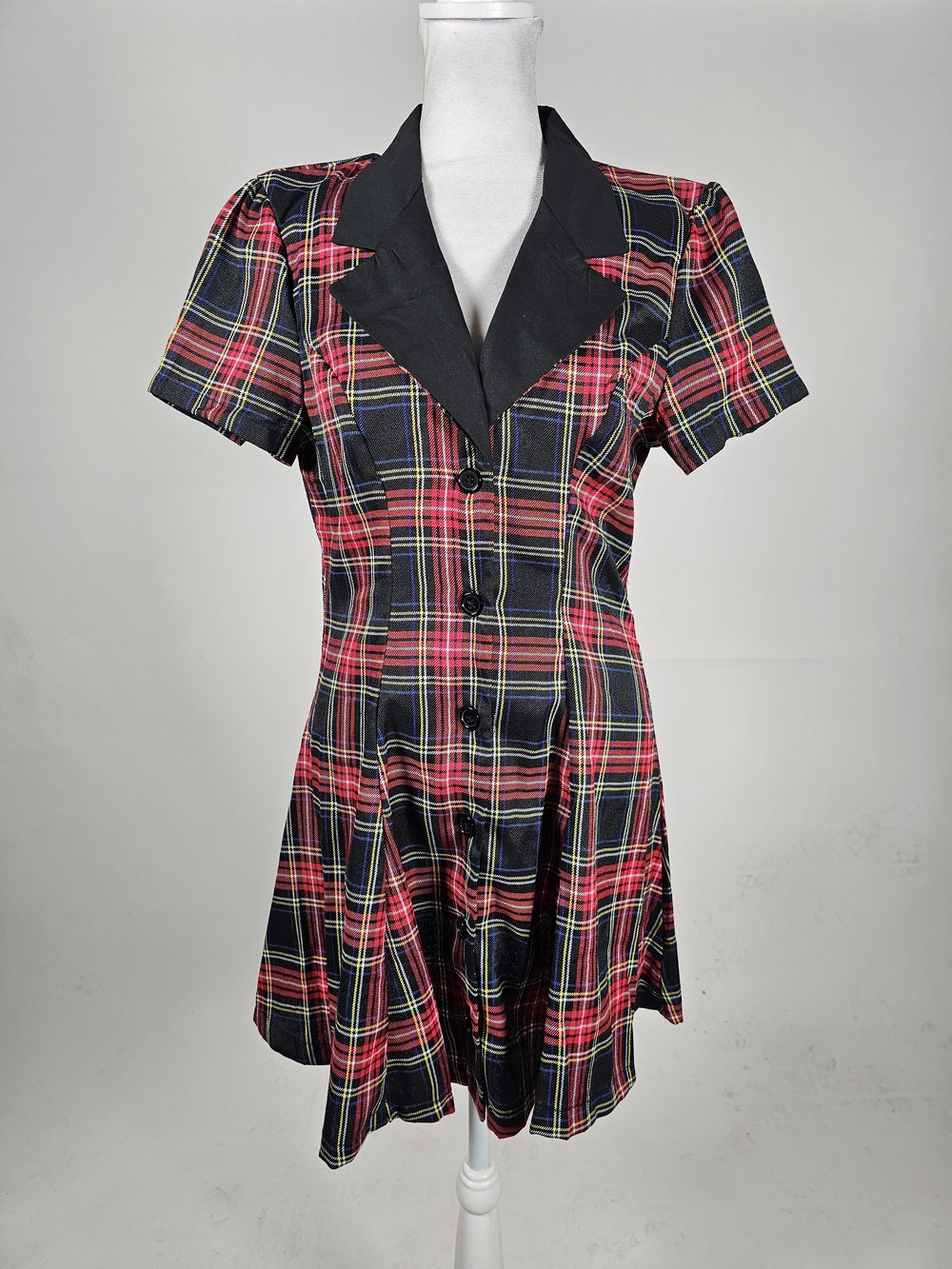 Current Mood Red and Black Plaid Short Sleeve Mini Dress with Black Collar